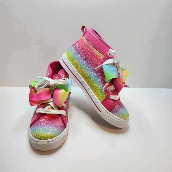 JoJo Siwa Girl's Rainbow Glitter Sneakers | Size 4 | Pink Bow, Laces, High Top - Picture 1 of 7